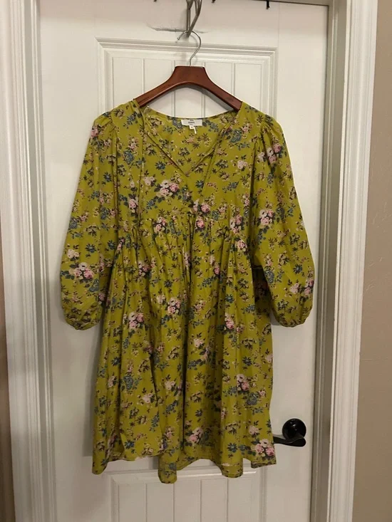 entro Chartreuse Floral V-Neck Dress with Pink & Blue Blooms - Picture 1 of 4